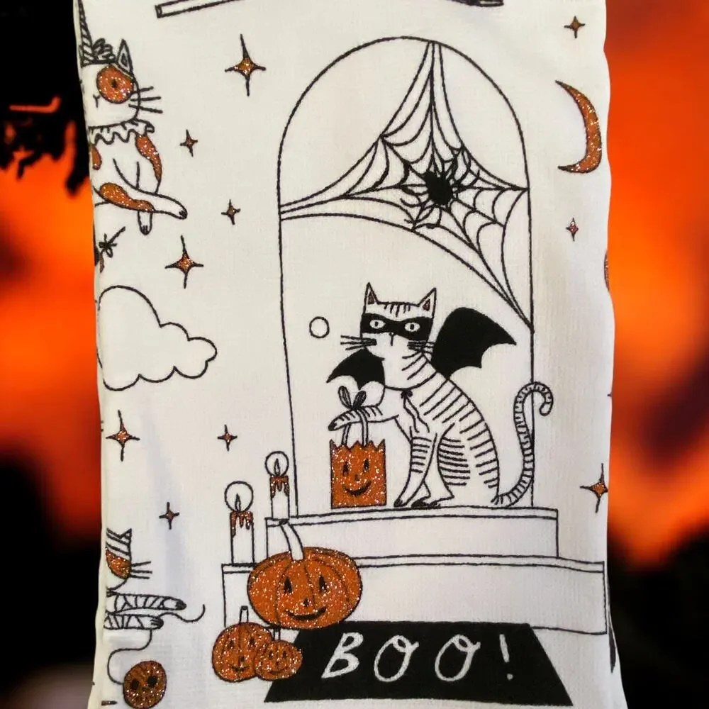 NWT Halloween Party Cat Cats in Costumes Witch Boo Kitty Dish Kitchen Towel Set